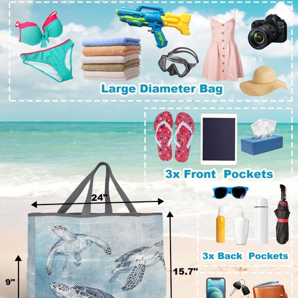 New Extra Large 3 Sea Turtle Scene 7 Pocket Mesh Sand-Proof Beach Bag - Picture 3 of 5